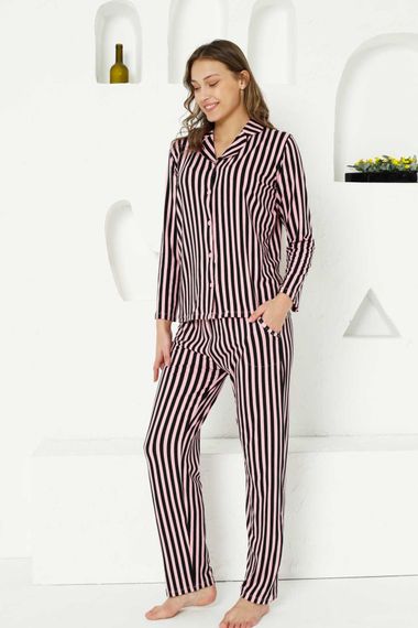 Dreamy Secret Full Likralı Pamuklu Çizgili Uzun Kollu Gömlek Pijama Takımı - صورة 4