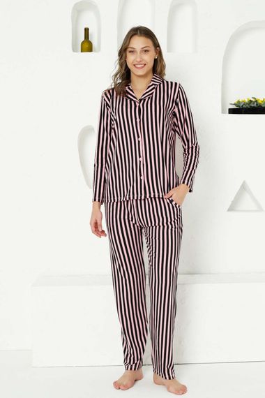Dreamy Secret Full Likralı Pamuklu Çizgili Uzun Kollu Gömlek Pijama Takımı - صورة 2