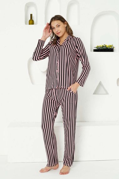 Dreamy Secret Full Likralı Pamuklu Çizgili Uzun Kollu Gömlek Pijama Takımı - صورة 1