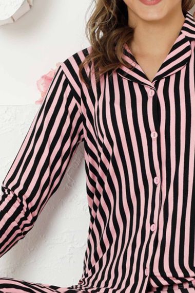 Dreamy Secret Full Likralı Pamuklu Çizgili Uzun Kollu Gömlek Pijama Takımı - صورة 3