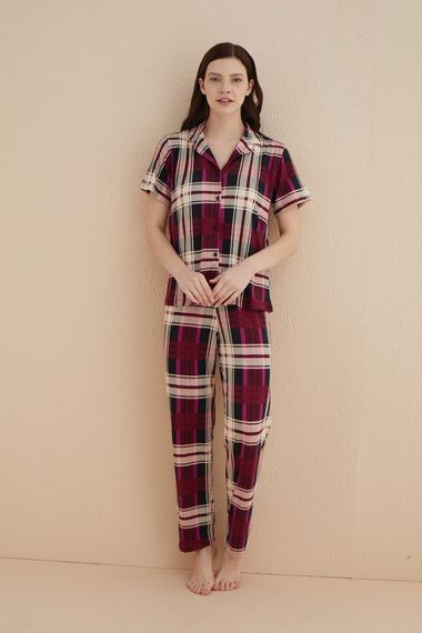 Dreamy Milan Bambu Kumaş Ekose Kareli Kısa Kollu Gömlek Pijama Takımı - صورة 4