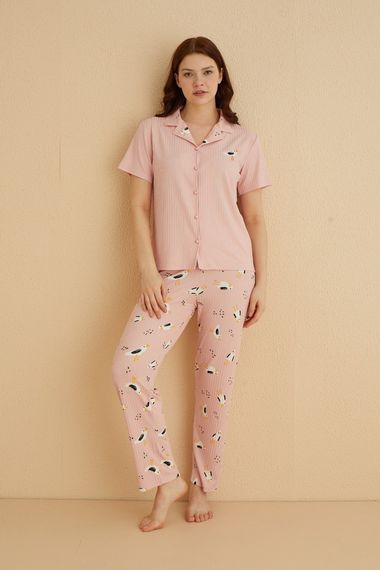 Dreamy İpeksi Kaşkorse Martı Desenli Kısa Kollu Gömlek Pijama Takımı - صورة 2