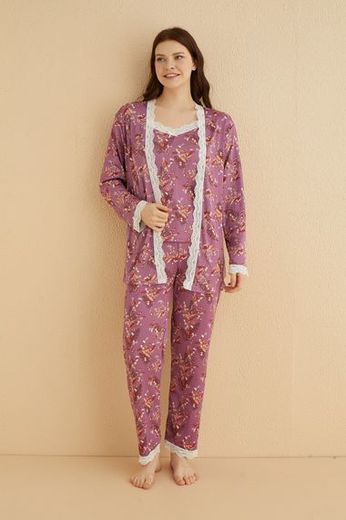 Dreamy 3 Parça Sabahlıklı Dantelli Desenli İp Askılı Pegasus Pijama Seti - صورة 2