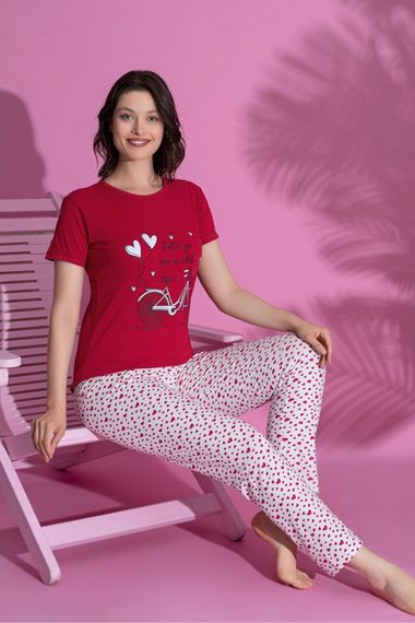 Dreamy Pamuklu Kalp Desenli Kısa Kollu Kadın Pijama Takımı - photo 1