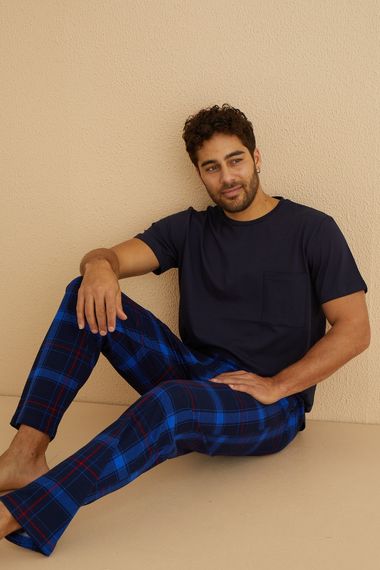 Dreamy Pamuklu Ekose Kareli Cepli Kısa Kollu Erkek Pijama Takımı - صورة 1