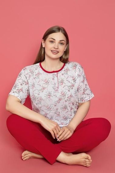 X-Dreamy Büyük Beden Pamuklu Desenli Düğmeli Yaka Pijama Takımı - photo 1