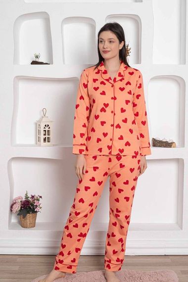 Dreamy Pamuklu Biyeli Kalp Desenli Uzun Kollu Cepli Gömlek Pijama Takımı - photo 4