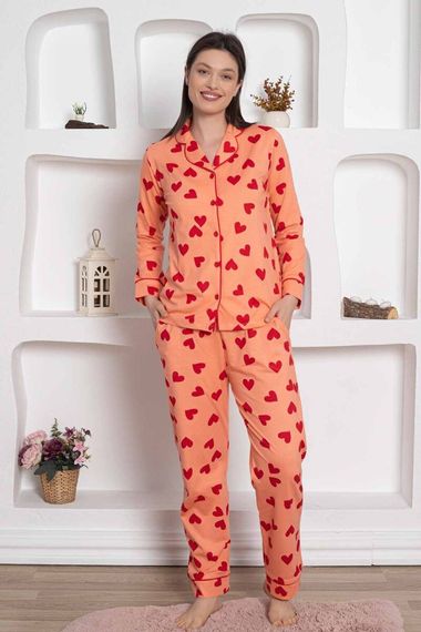 Dreamy Pamuklu Biyeli Kalp Desenli Uzun Kollu Cepli Gömlek Pijama Takımı - photo 2