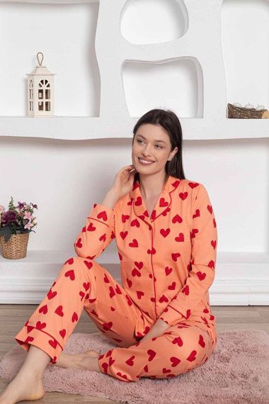 Dreamy Pamuklu Biyeli Kalp Desenli Uzun Kollu Cepli Gömlek Pijama Takımı - photo 3