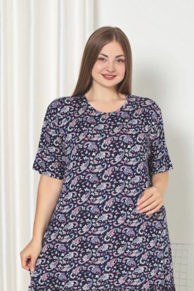 X-Dreamy Büyük Beden Kısa Kollu Desenli Fırfırlı Uzun Elbise Gecelik - photo 3