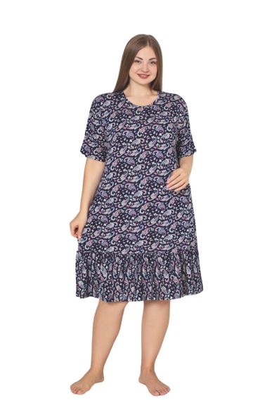 X-Dreamy Büyük Beden Kısa Kollu Desenli Fırfırlı Uzun Elbise Gecelik - photo 2