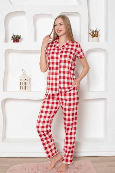 Exclusive Pamuklu Kareli Kısa Kollu Önden Düğmeli Gömlek Pijama Takımı - صورة 4