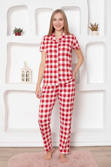 Exclusive Pamuklu Kareli Kısa Kollu Önden Düğmeli Gömlek Pijama Takımı - صورة 3