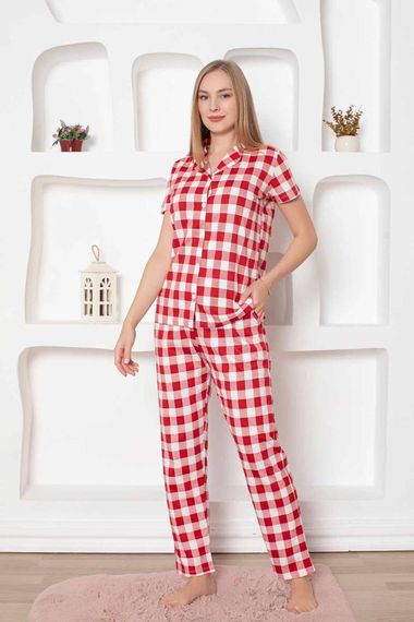 Exclusive Pamuklu Kareli Kısa Kollu Önden Düğmeli Gömlek Pijama Takımı - صورة 2