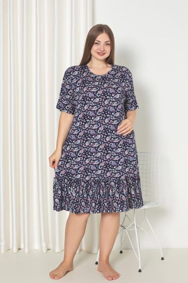 X-Dreamy Büyük Beden Kısa Kollu Desenli Fırfırlı Uzun Elbise Gecelik - photo 1