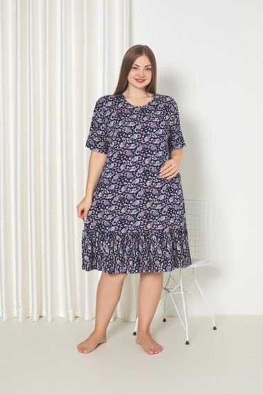 X-Dreamy Büyük Beden Kısa Kollu Desenli Fırfırlı Uzun Elbise Gecelik - photo 4