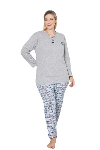 X-Dreamy Büyük Beden Pamuklu Desenli Uzun Kollu Pijama Takımı - صورة 2