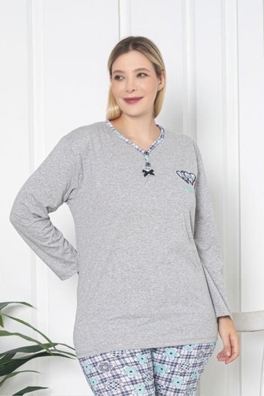 X-Dreamy Büyük Beden Pamuklu Desenli Uzun Kollu Pijama Takımı - صورة 1