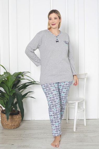 X-Dreamy Büyük Beden Pamuklu Desenli Uzun Kollu Pijama Takımı - صورة 3