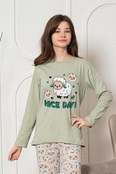 Faryakids Pamuklu Uzun Kollu Desenli Kız Çocuk Pijama Takımı - صورة 1