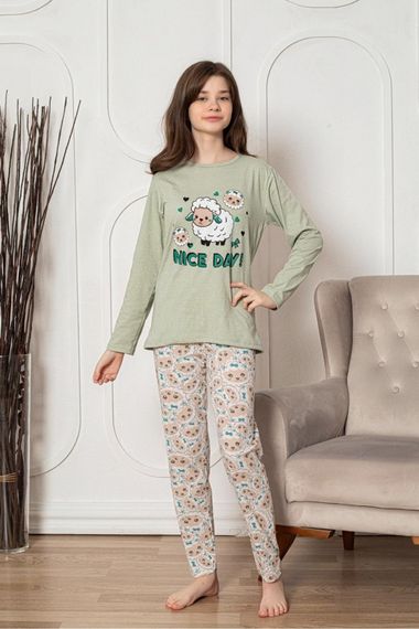 Faryakids Pamuklu Uzun Kollu Desenli Kız Çocuk Pijama Takımı - صورة 4