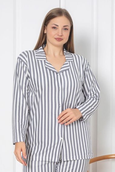 X-Dreamy Büyük Beden Pamuklu Süet Bambu Düğmeli Pijama Takımı - صورة 2