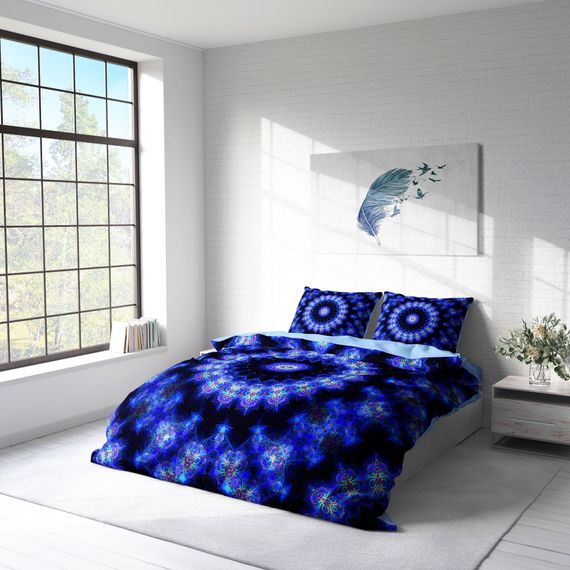 MonoHome Blue Damask 3D طقم غطاء لحاف مزدوج من الساتان القطني - صورة 2