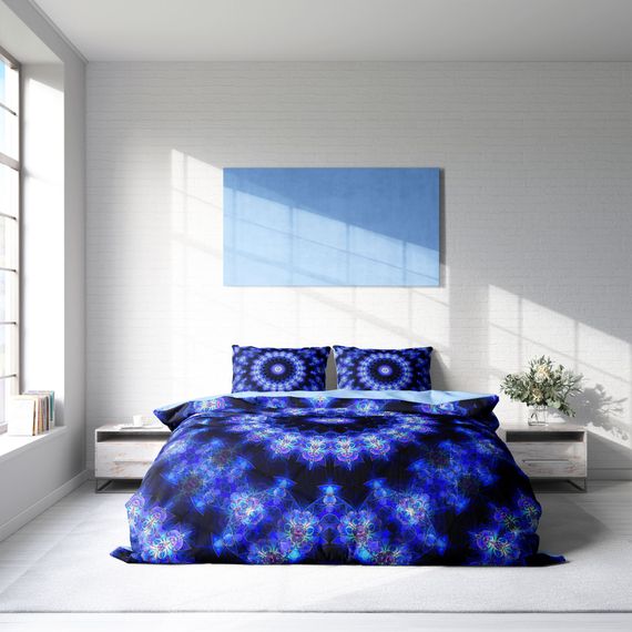 MonoHome Blue Damask 3D طقم غطاء لحاف مزدوج من الساتان القطني - صورة 3