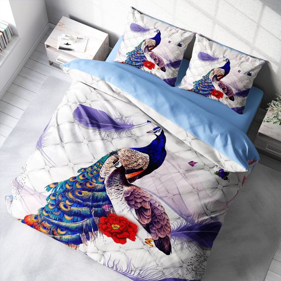 MonoHome Peafowl 3D طقم غطاء لحاف مزدوج من الساتان القطني - صورة 1