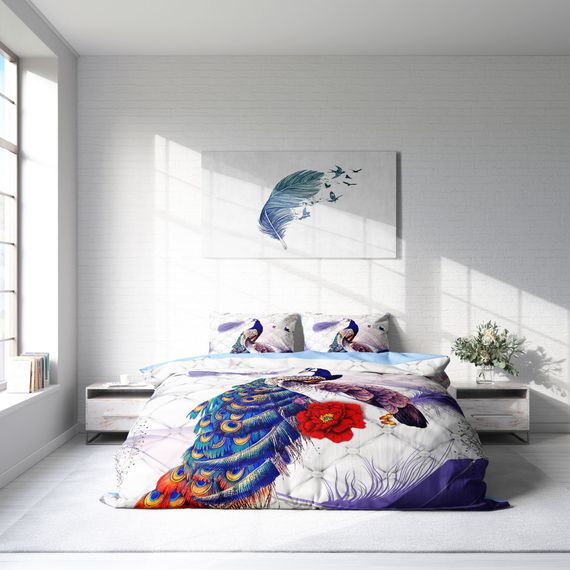 MonoHome Peafowl 3D طقم غطاء لحاف مزدوج من الساتان القطني - صورة 3