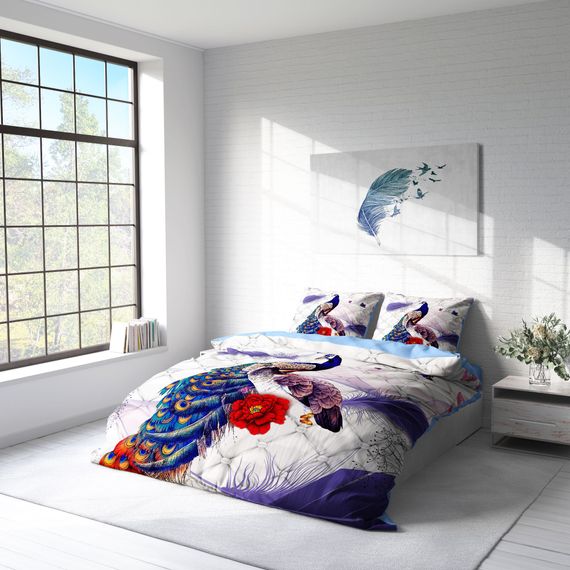 MonoHome Peafowl 3D طقم غطاء لحاف مزدوج من الساتان القطني - صورة 2