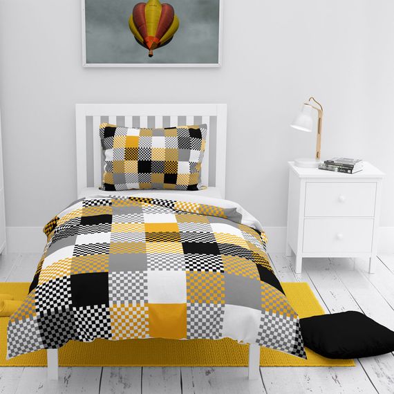 مجموعة غطاء لحاف فردي من MonoHome Checkers ثلاثية الأبعاد من القطن الساتان - صورة 1