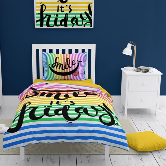 مجموعة غطاء لحاف فردي من MonoHome Friday Smile ثلاثية الأبعاد من القطن الساتان - صورة 1