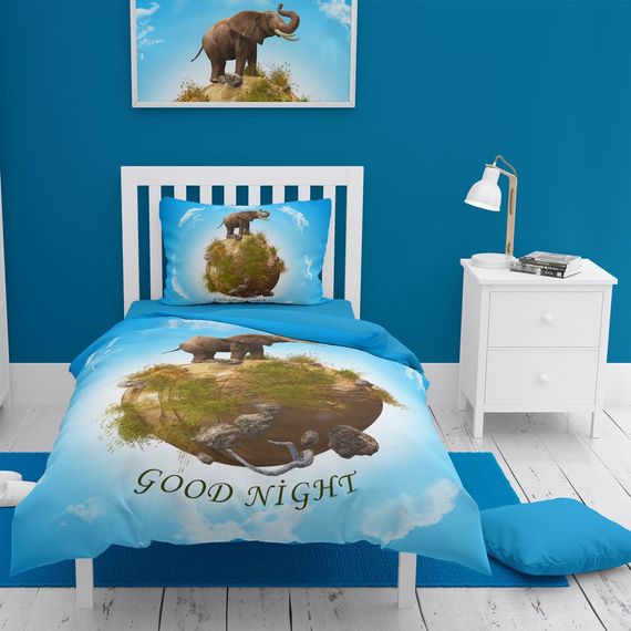 Набір постільної білизни MonoHome "Світ слонів" 3D, сатиновий бавовняний, односпальний, 160x220 см, яскраві кольори, високоякісна тканина - фото 1