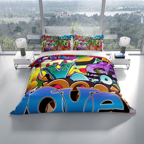 Комплект постельного белья Cattleya Graffiti 3D из хлопкового сатина, двуспальный, 200x220 см, насыщенные цвета, дышащая ткань, Oxford подушки - фото 2