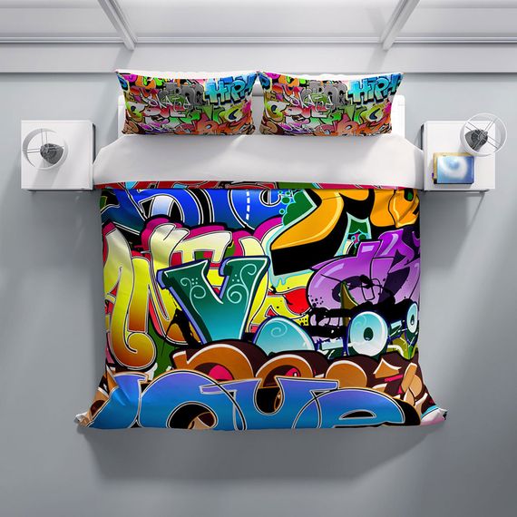 Комплект постельного белья Cattleya Graffiti 3D из хлопкового сатина, двуспальный, 200x220 см, насыщенные цвета, дышащая ткань, Oxford подушки - фото 3