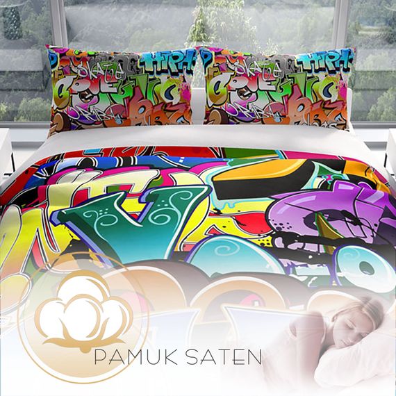 Комплект постельного белья Cattleya Graffiti 3D из хлопкового сатина, двуспальный, 200x220 см, насыщенные цвета, дышащая ткань, Oxford подушки - фото 4