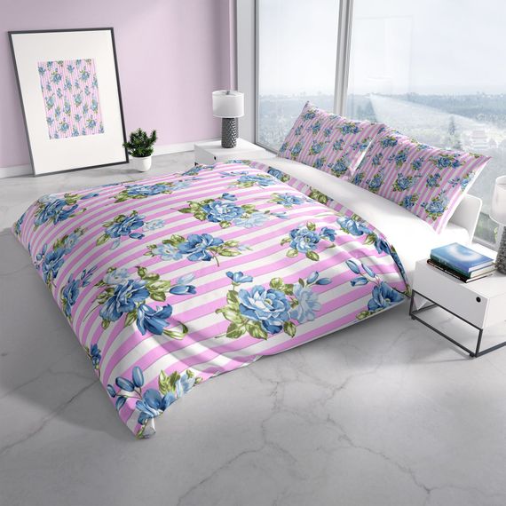 Комплект постельного белья Cattleya BlueLine 3D из хлопкового сатина для двуспальной кровати, 200x220 см, с цифровой печатью и высококачественным материалом - фото 1