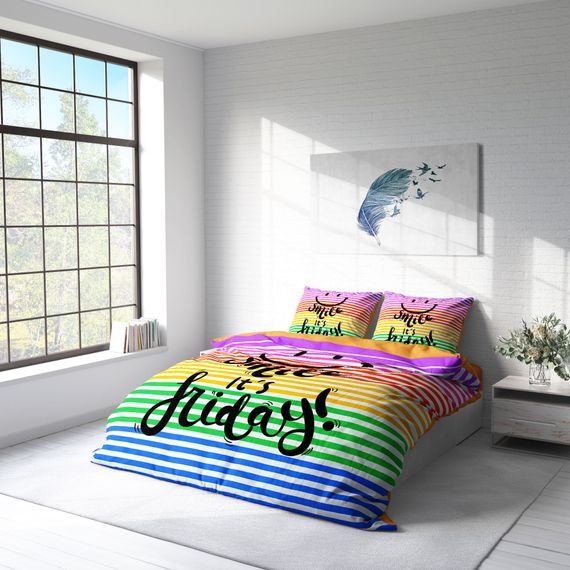 طقم غطاء لحاف مزدوج من MonoHome Friday Smile ثلاثي الأبعاد من القطن الساتان - صورة 2