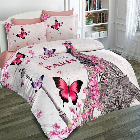 Комплект постельного белья Monohome Butterfly Paris 3D из хлопкового сатина, двуспальный, 200x220 см, яркая цифровая печать, 2 наволочки 50x70 см, 240x260 см простыня