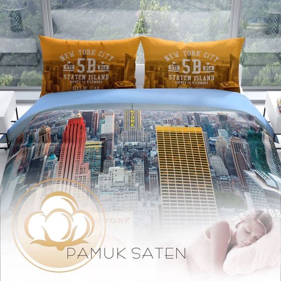 Комплект постельного белья Cattleya New York 3D из хлопкового сатина, двуспальный, 200x220 см, яркие цвета, органическое хлопковое волокно - фото 4