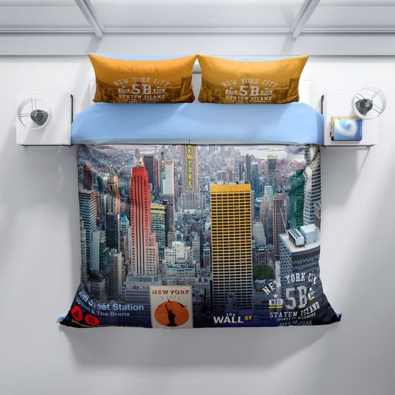 Комплект постельного белья Cattleya New York 3D из хлопкового сатина, двуспальный, 200x220 см, яркие цвета, органическое хлопковое волокно - фото 3