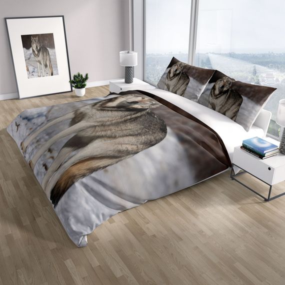 طقم غطاء لحاف مزدوج مصنوع من الساتان القطني ثلاثي الأبعاد من PerlaSera SnowWolf - صورة 1