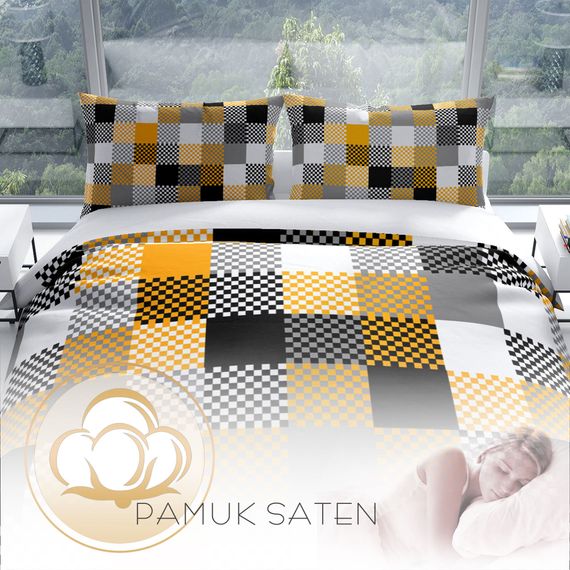 Комплект постільної білизни PerlaSera Checkers 3D з бавовняного сатину, з яскравими кольорами та органічним фарбуванням для комфортного сну. - фото 4