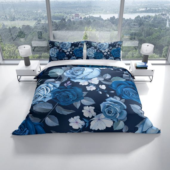 Комплект постільної білизни перлаSera Blue Flower 3D з бавовняного сатину двоспальний 200x220 см з оксфордськими подушками - фото 2