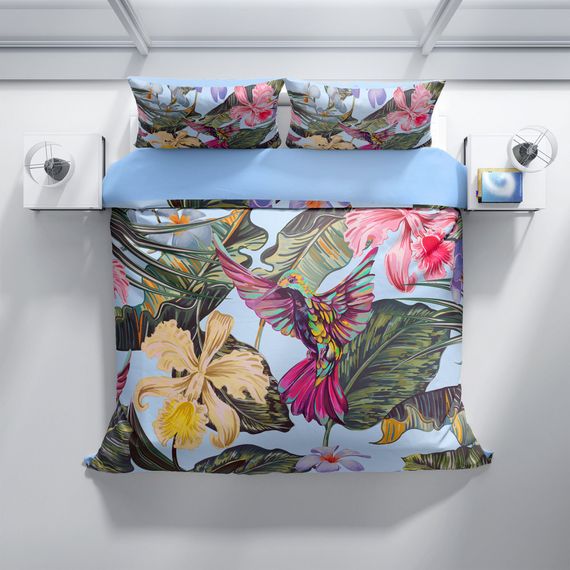 Комплект постільної білизни PerlaSera Bird Tropik 3D з сатину з бавовни, двоспальний, 200x220 см, яскраві кольори, високоякісний матеріал - фото 3