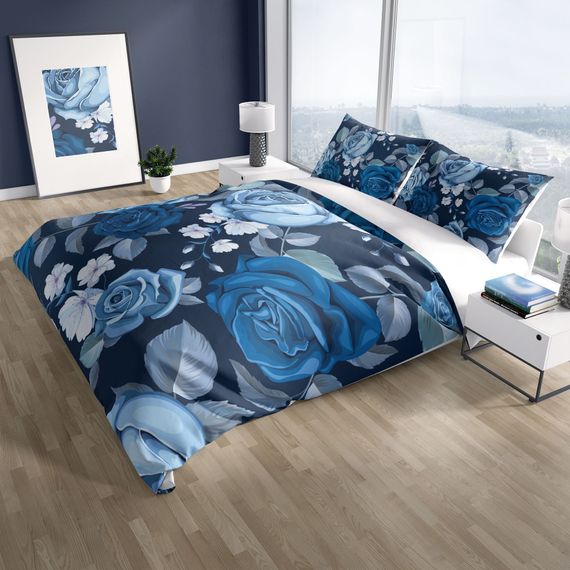Комплект постільної білизни перлаSera Blue Flower 3D з бавовняного сатину двоспальний 200x220 см з оксфордськими подушками - фото 1