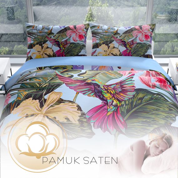 Комплект постільної білизни PerlaSera Bird Tropik 3D з сатину з бавовни, двоспальний, 200x220 см, яскраві кольори, високоякісний матеріал - фото 4