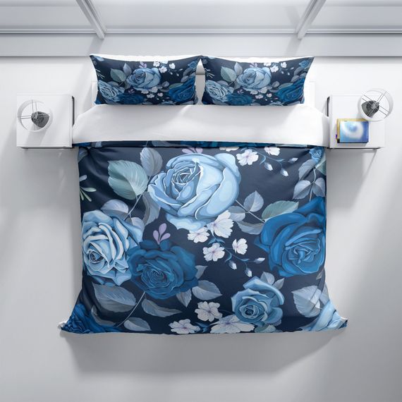 Комплект постільної білизни перлаSera Blue Flower 3D з бавовняного сатину двоспальний 200x220 см з оксфордськими подушками - фото 3