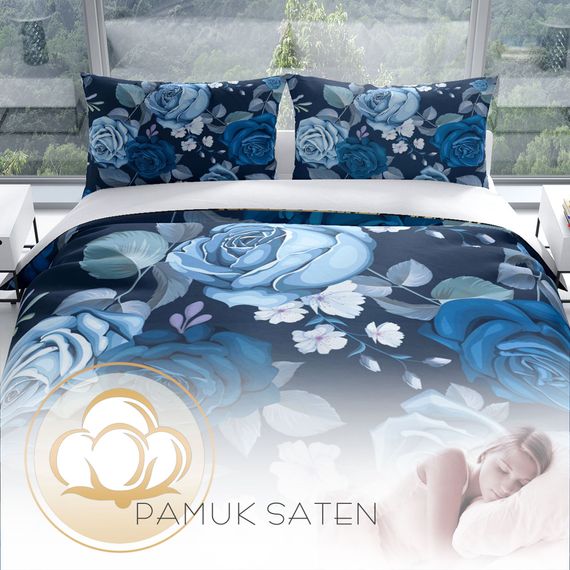 Комплект постільної білизни перлаSera Blue Flower 3D з бавовняного сатину двоспальний 200x220 см з оксфордськими подушками - фото 4